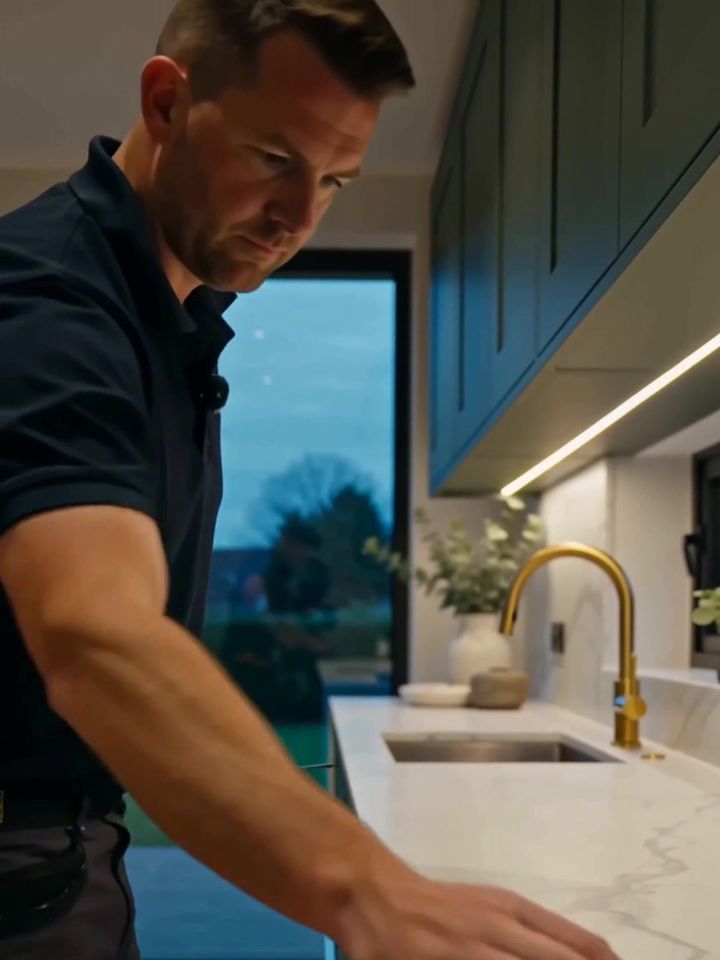 A kitchen fitter checking a finished countertop
