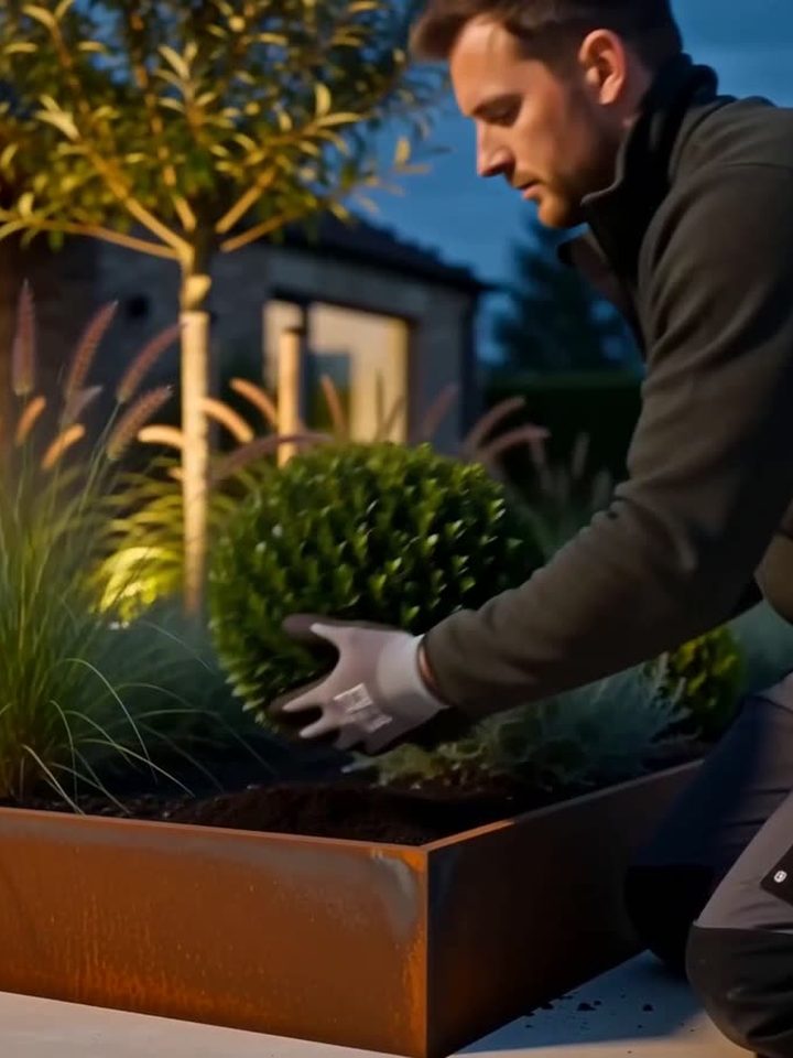 A landscaper planting a raised bed